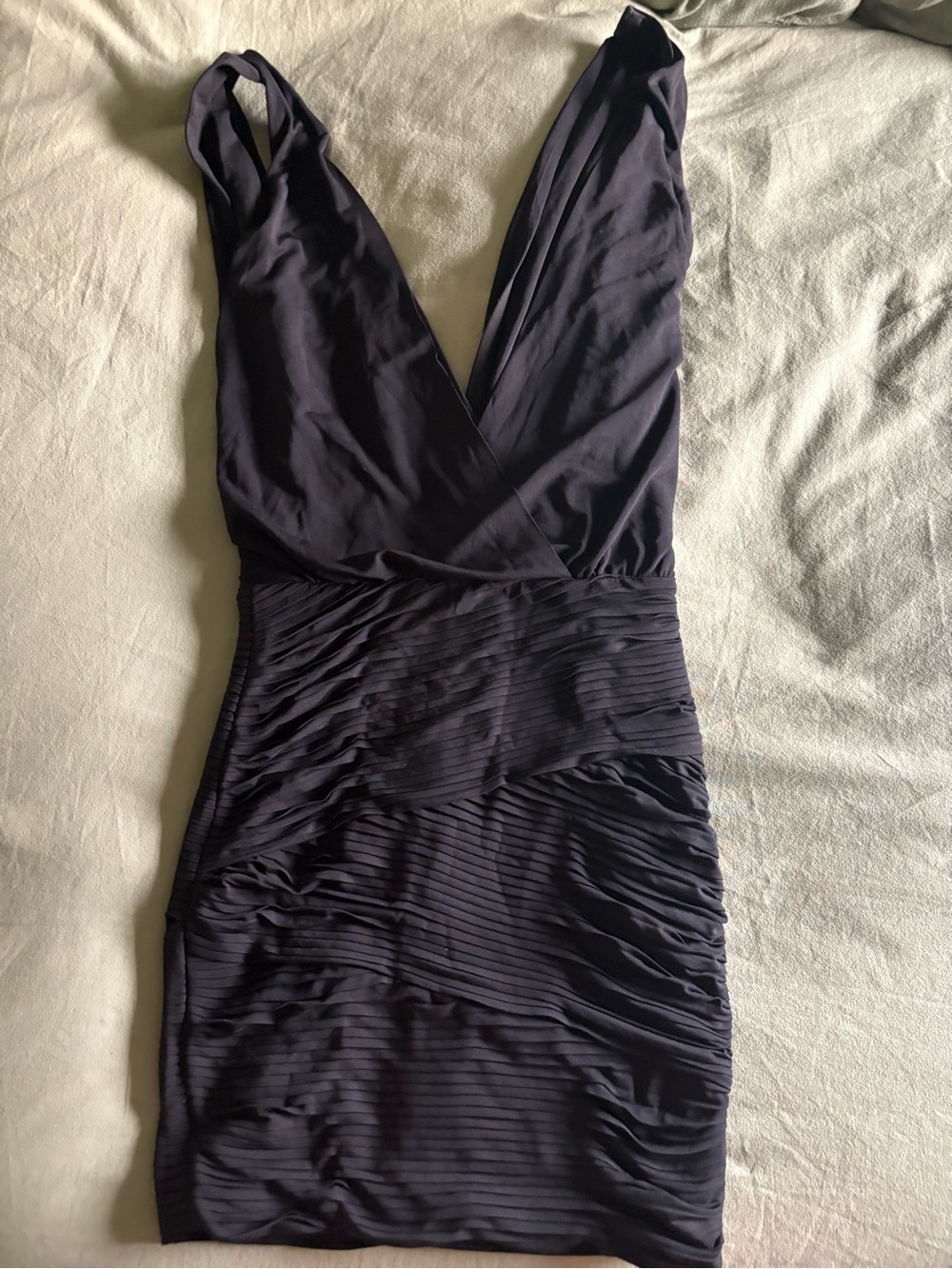 BCBGMaxAzria Black Plunging V-Neck Ruched Mini Dress - Picture 10 of 11